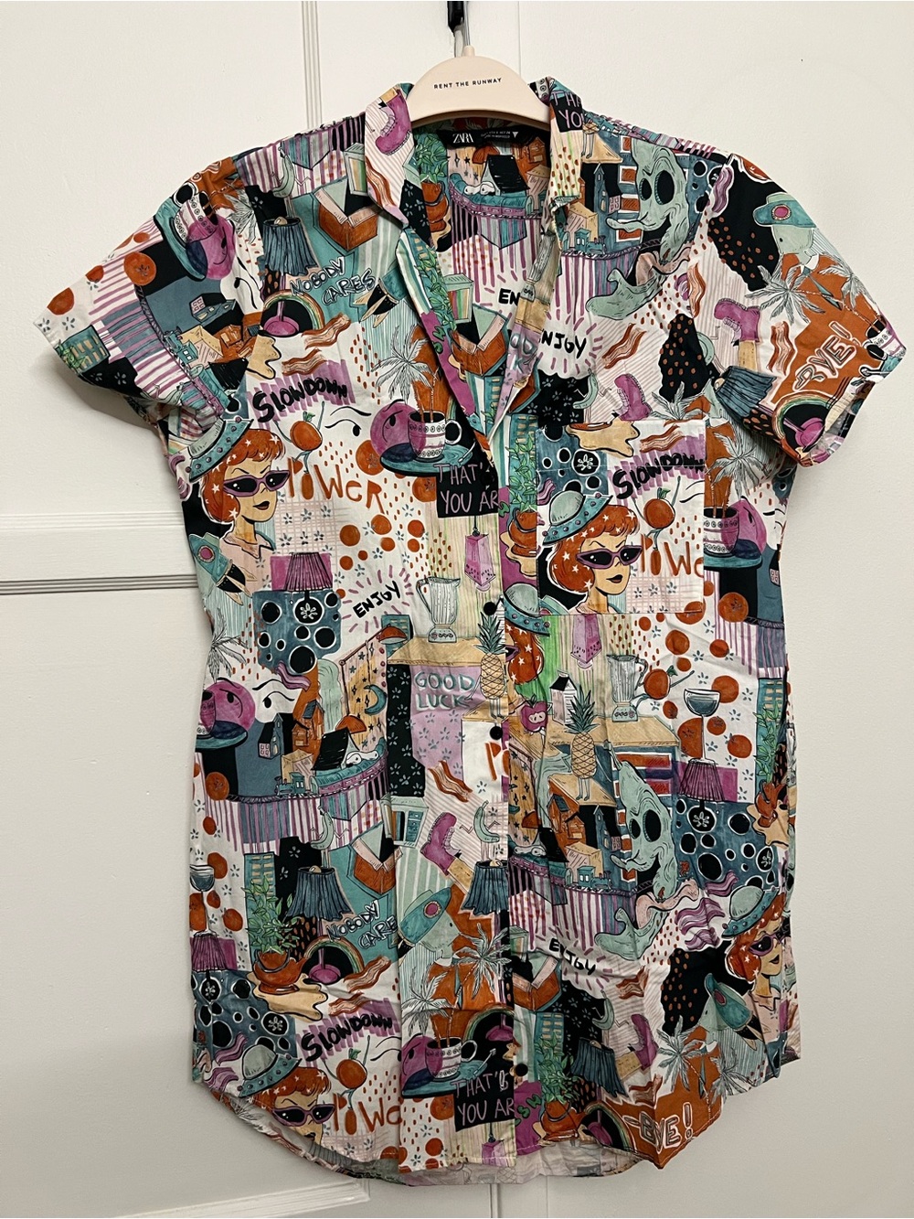Zara Multicolor Graphic Short-Sleeve Button-Down Shirt